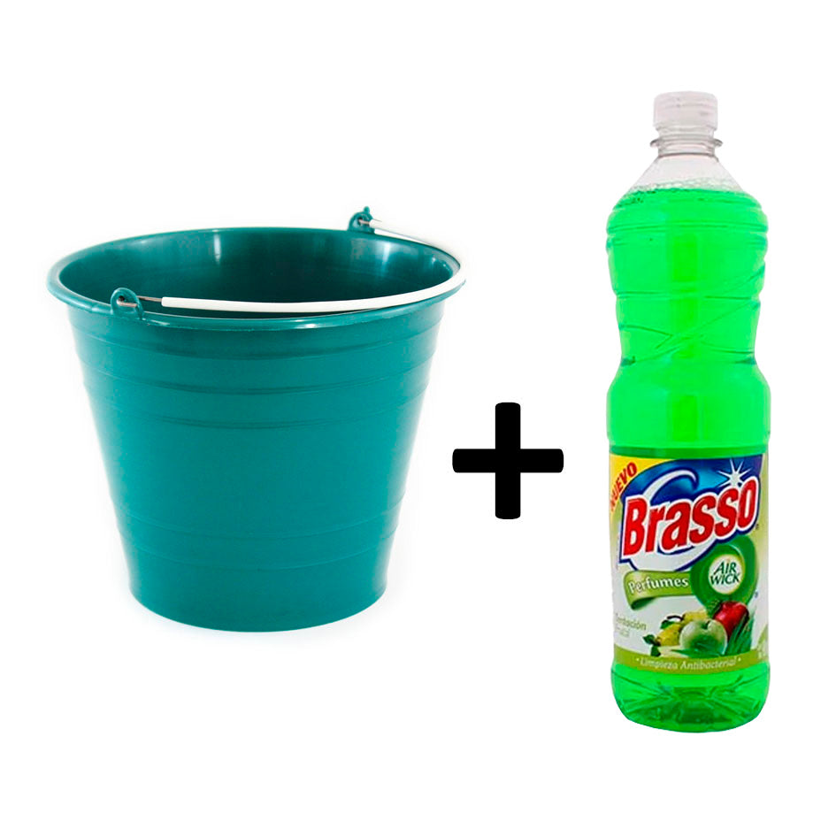 CUBETA DE PLASTICO No.12 CAP.10 LTS.CON ASA VARIOS COLORES+BRASSO LIMPIADOR MULTIUSOS VERDE MANZANA DE 900ML